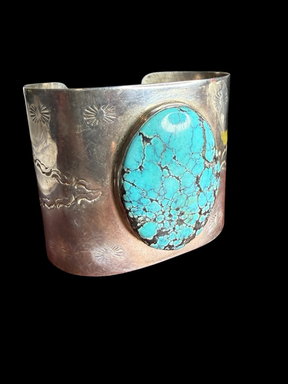 Vintage Native American Sterling Silver Cuff Bracelet Turquoise Stampwork 85g